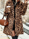 Leopard Print Faux Fur Longline Coat With Pockets Polyester